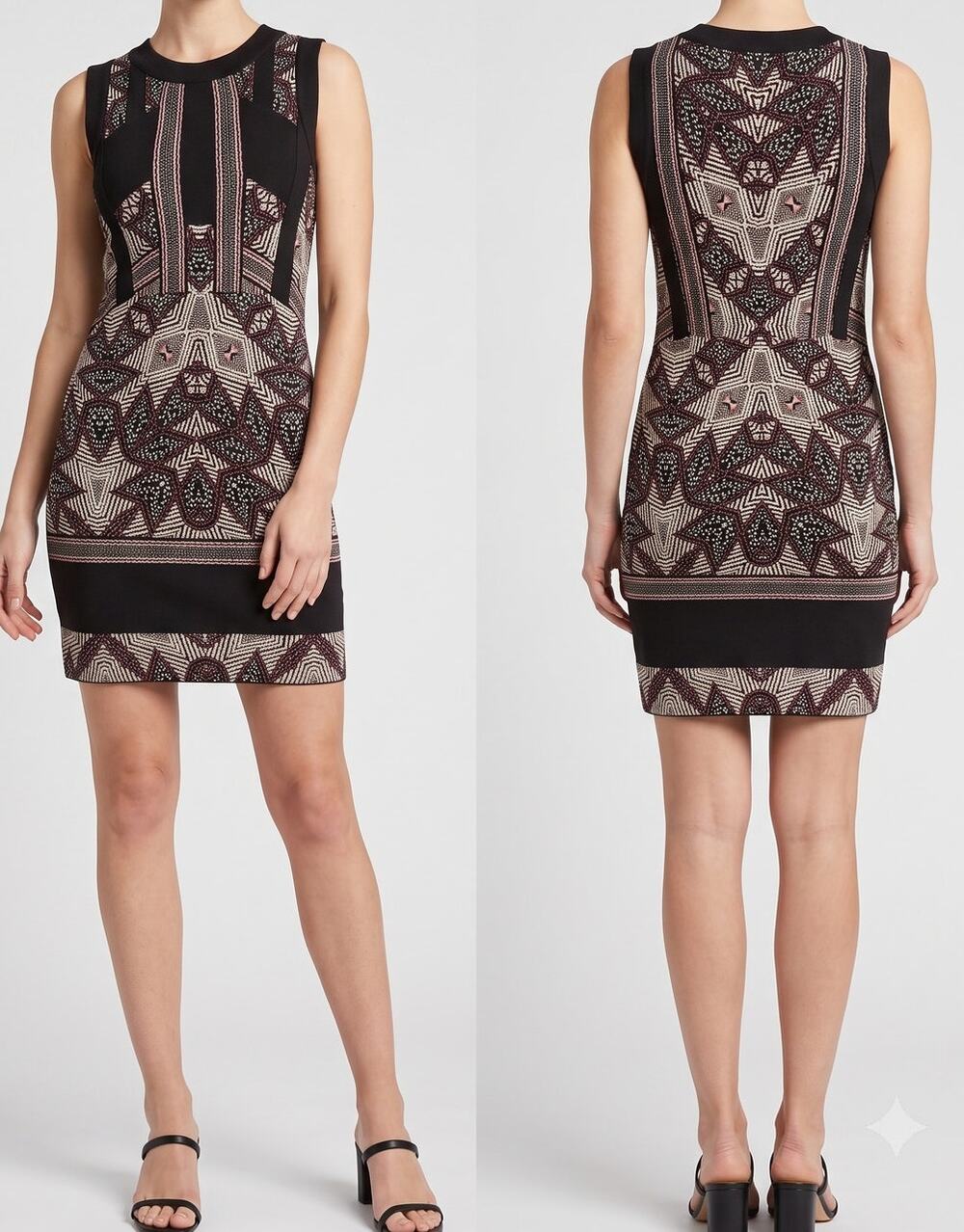 BCBGMaxazria XS Black Mini Dress Geometric Print Polyester Spandex Sleeveless